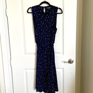 Ralph Lauren navy blue fit and flare midi dress with tie belt. Size 12